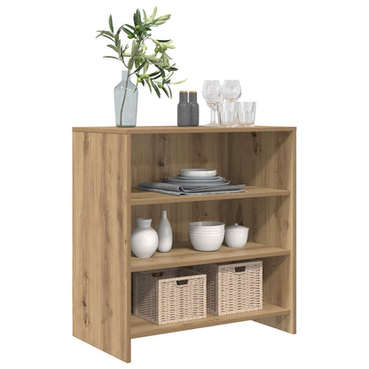 Sideboard with shelves displaying crockery, vases and storage baskets