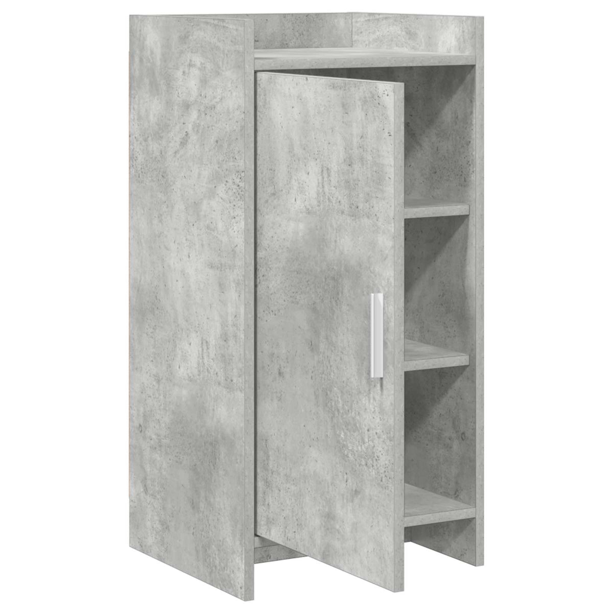 The concrete grey engineered wood sideboard with its door open revealing the shelves