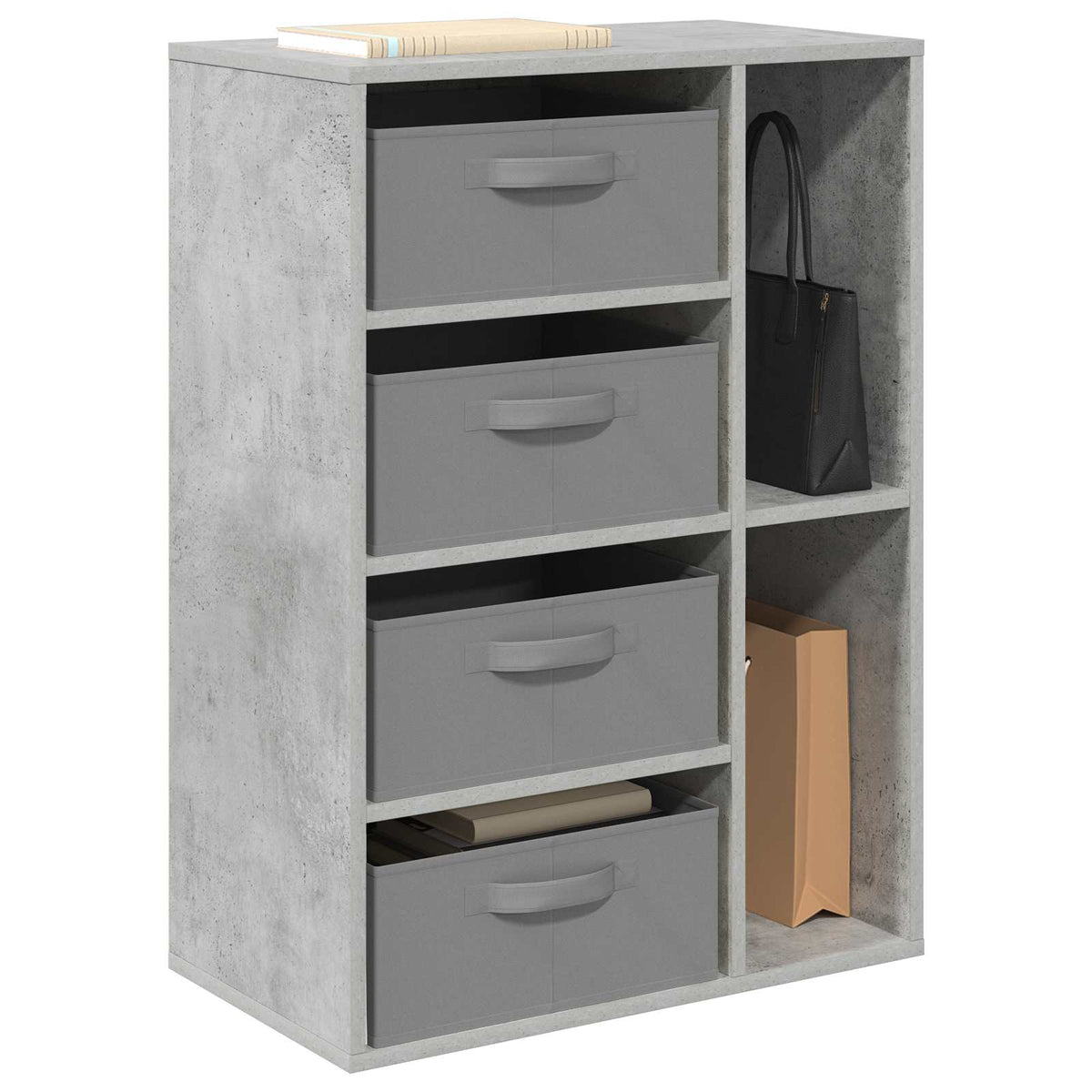 The buffets and sideboards with four grey fabric drawers and two open shelves, with a handbag and book inside