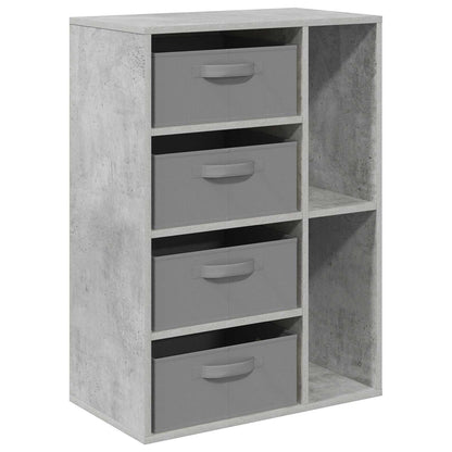 The concrete grey sideboard with four grey fabric drawers and two open shelves, shown from the side