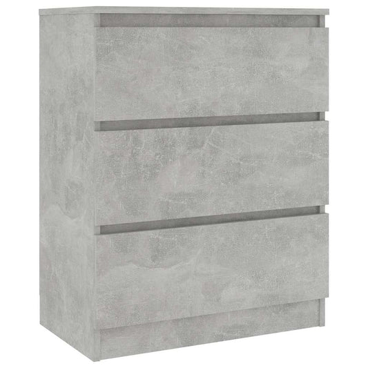 The chest of drawers has a concrete grey finish and three drawers
