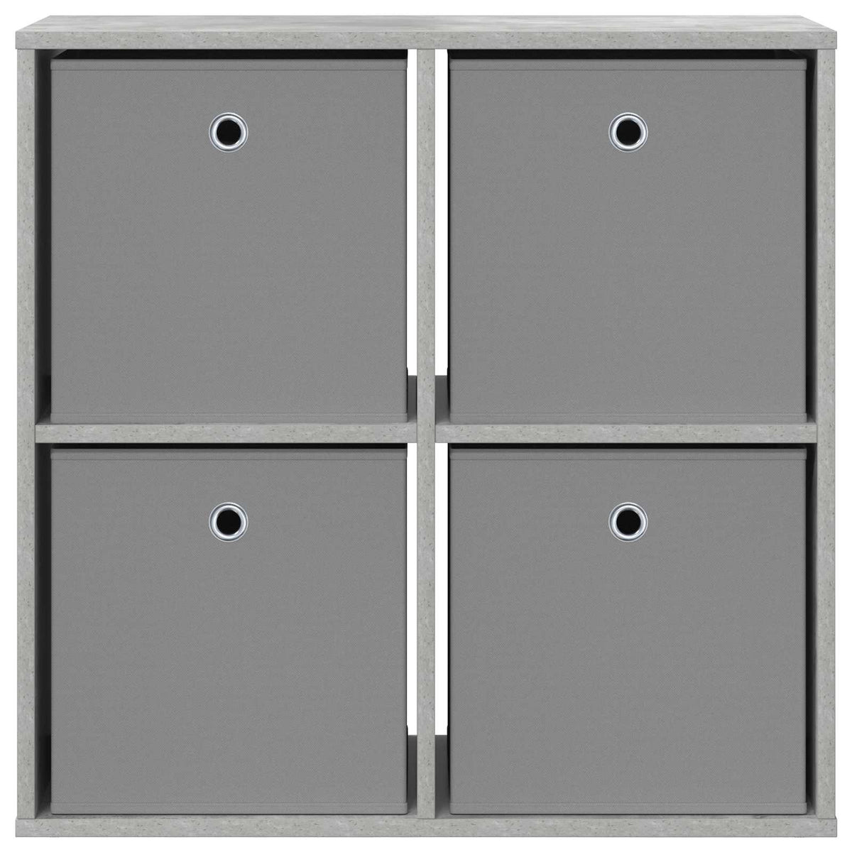 The sideboard with four grey fabric storage boxes, close up