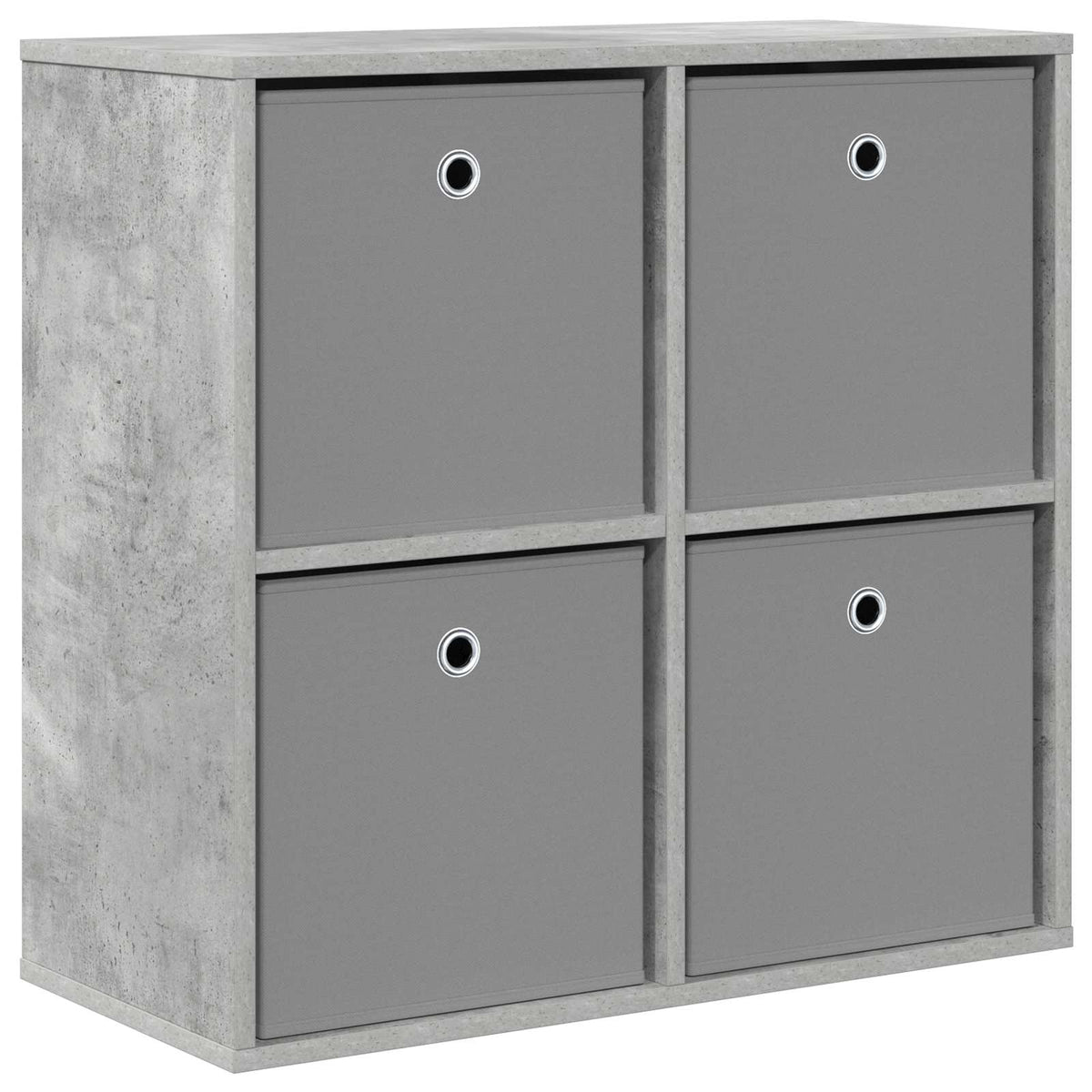buffet with four grey fabric storage boxes, concrete effect finish