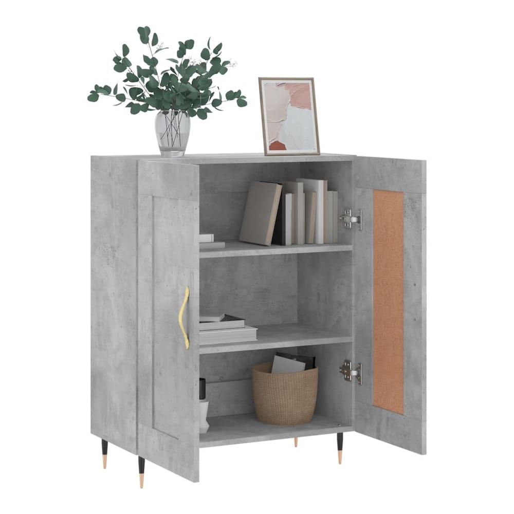 Concrete grey sideboard with open doors showing shelves and storage