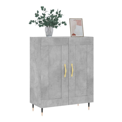 Concrete grey sideboard with gold handles and decorative items