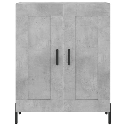 Concrete grey sideboard with two closed doors and black handles, on black legs