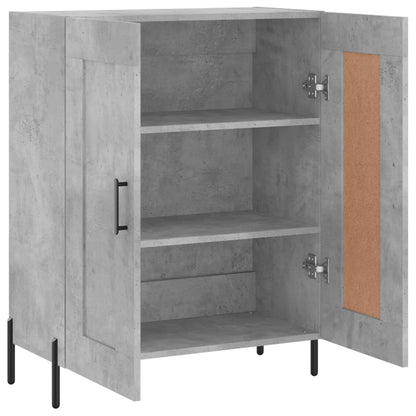 Open concrete grey sideboard showing three shelves with books and a basket inside