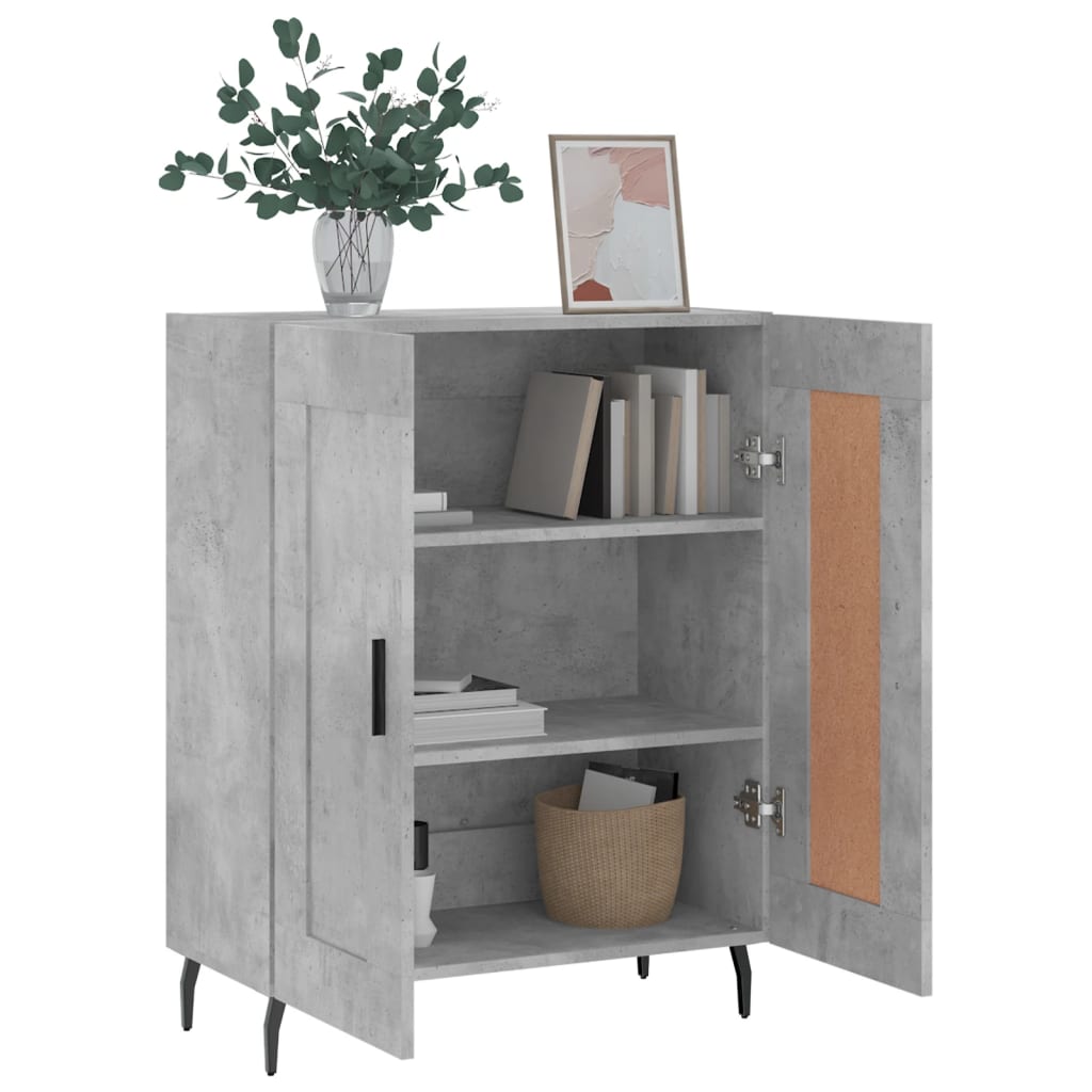 The grey sideboard with doors open showing two internal shelves with books and a basket