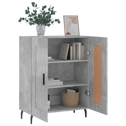 The grey sideboard with doors open showing two internal shelves with books and a basket