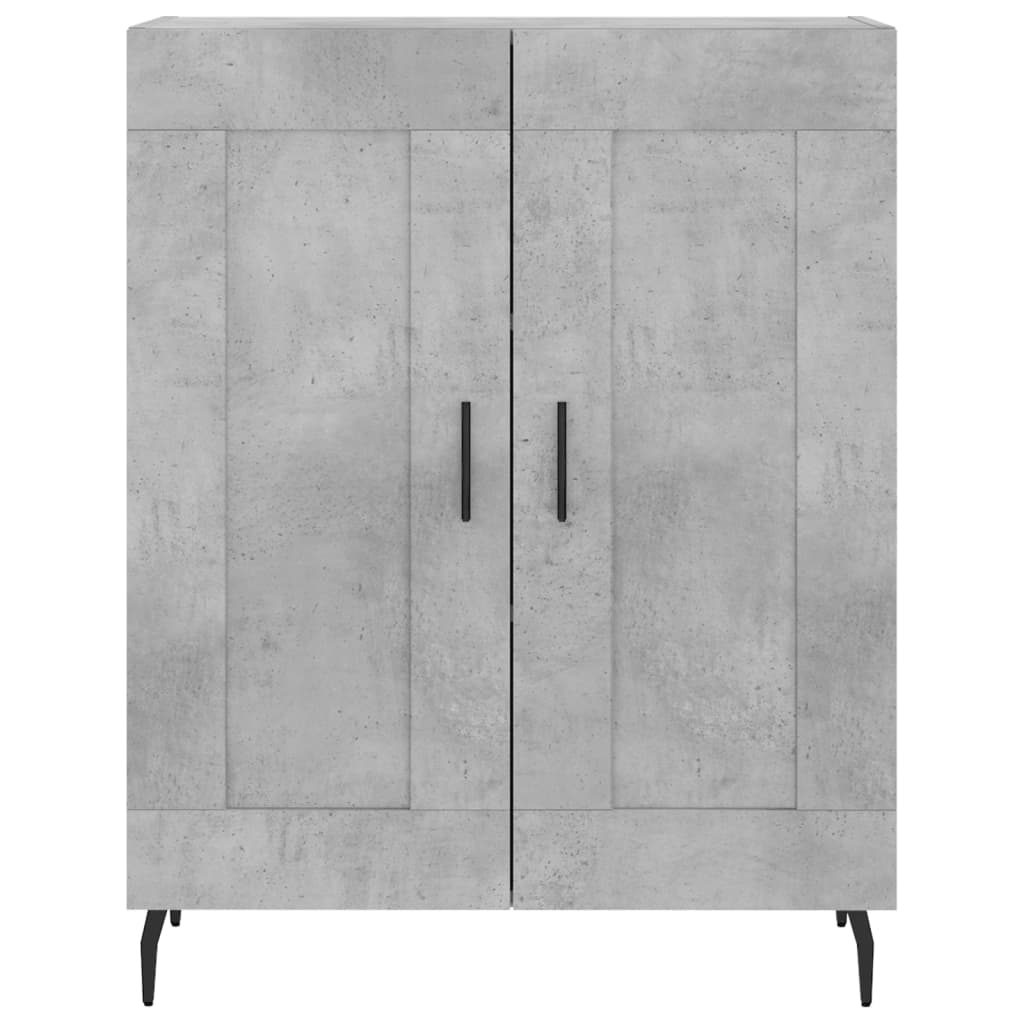 The grey sideboard with two closed doors and black handles against a white background