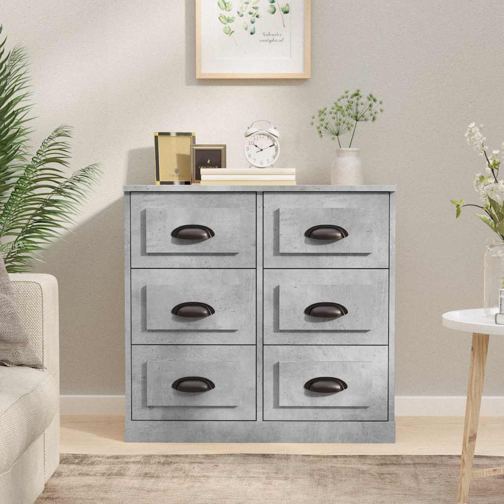 vidaXL Sideboard Concrete Grey Engineered Wood placed in a bright living room with decor on top