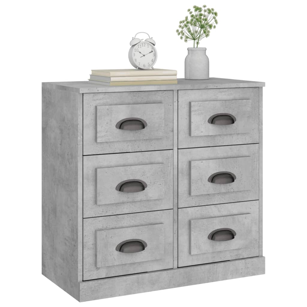 The grey sideboard with a clock and a vase on top against a plain white background