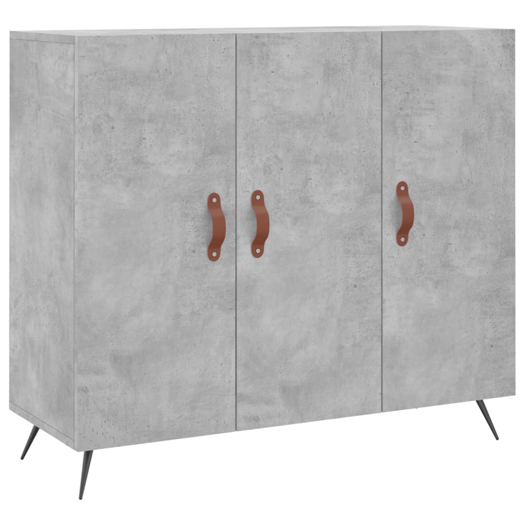 Concrete grey sideboard with three doors and brown leather handles, shown from the front