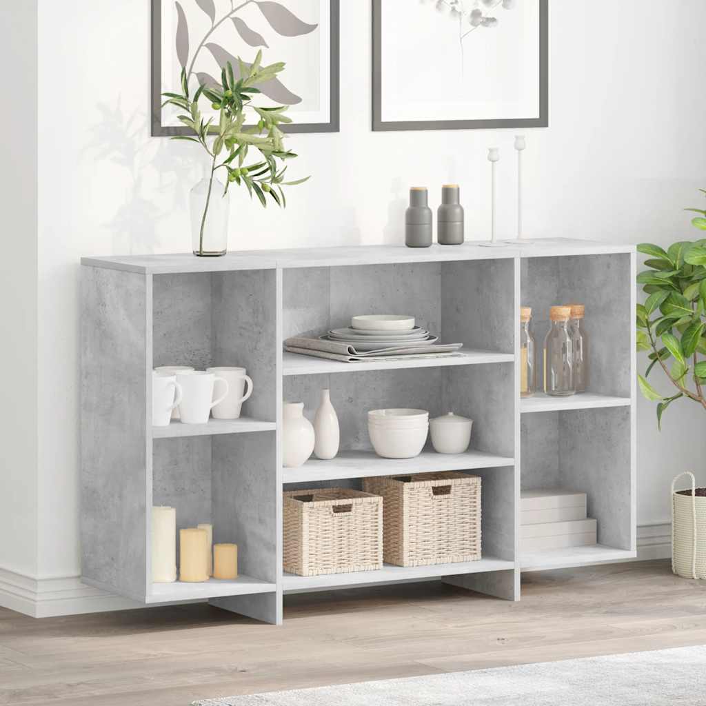 Sideboard Concrete Grey Engineered Wood in a living room with decorative items on shelves