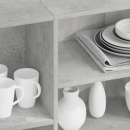 Close-up of the concrete grey finish on the storage cabinet shelves