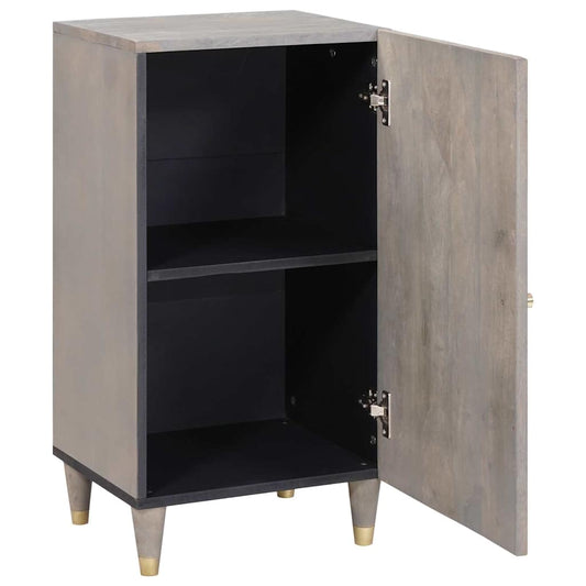Sideboard Grey and Gold Solid Mango Wood, the media storage cabinet with its single door open showing two internal storage