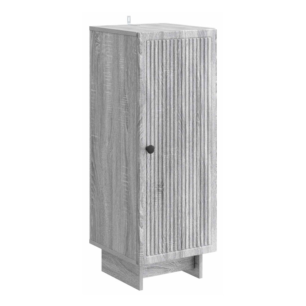 the grey sideboard with a ribbed door and black handle