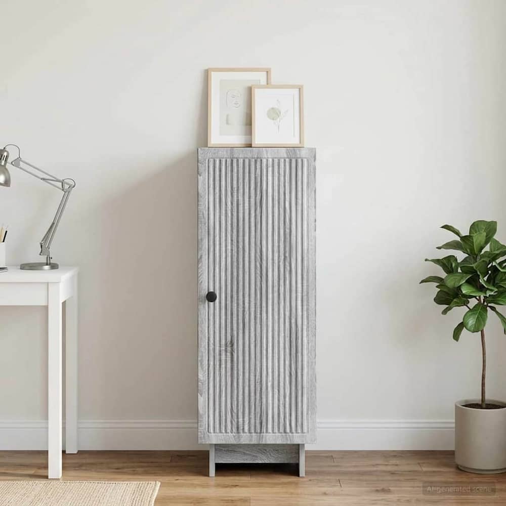 vidaXL Sideboard Grey Sonoma Engineered Wood standing in a room next to a desk and plant