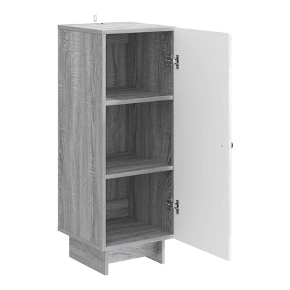 the open grey sideboard showing three shelves inside