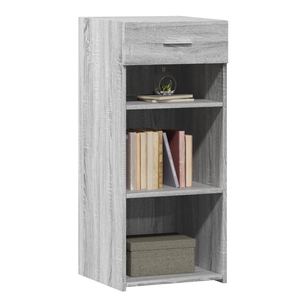 The grey sideboard with a drawer and shelves filled with books