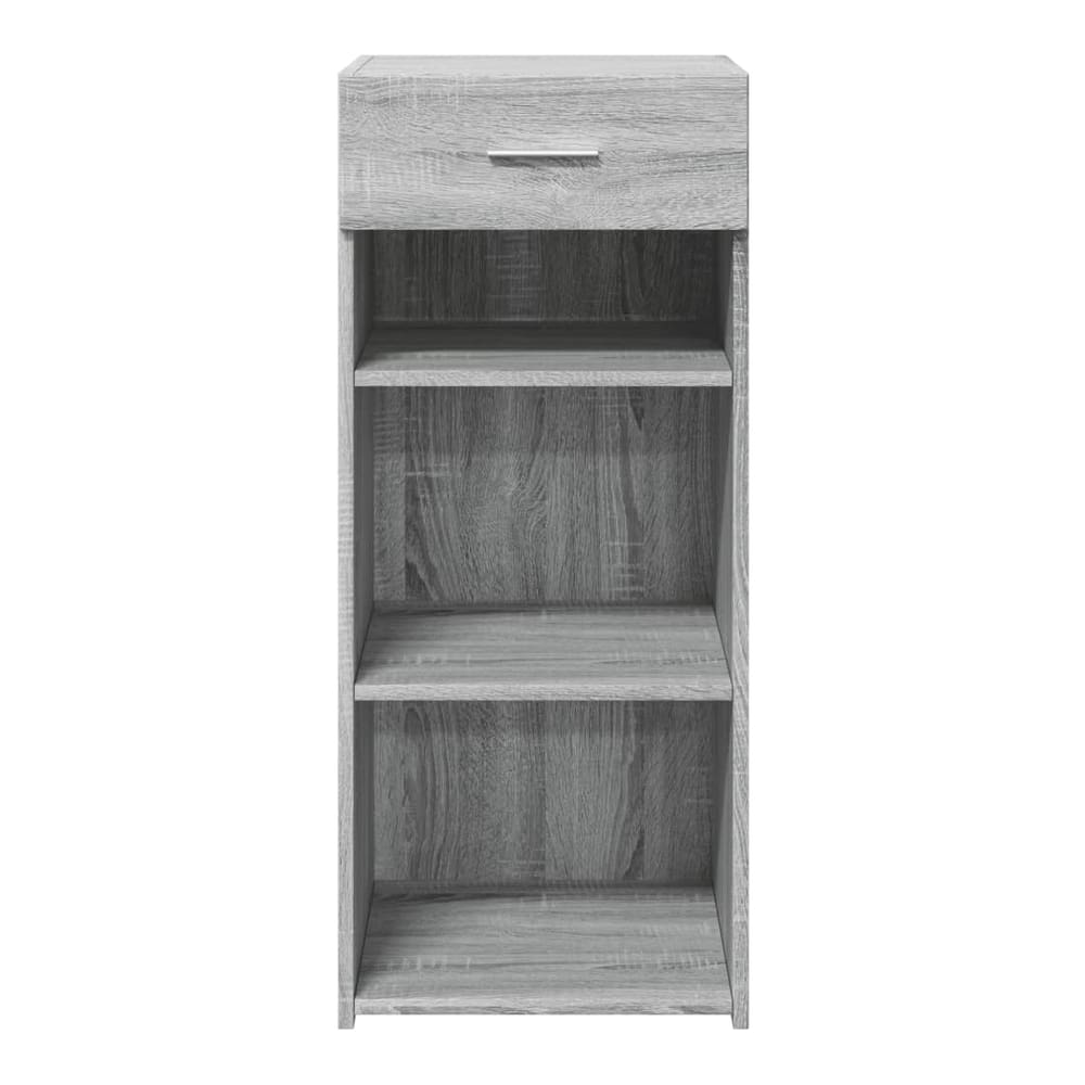 A tall grey sideboard with a drawer and open shelves