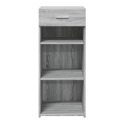 A tall grey sideboard with a drawer and open shelves