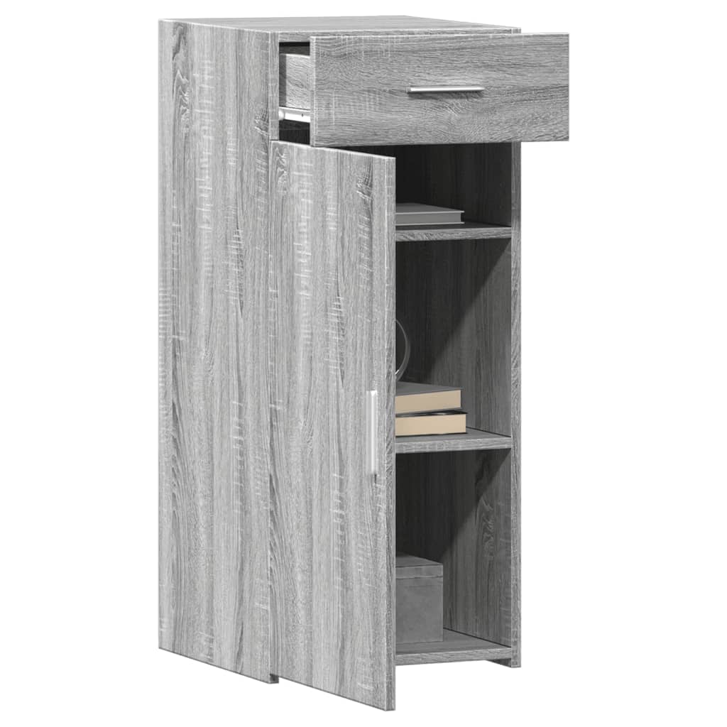 The grey sideboard cabinet with its door and drawer open showing shelves