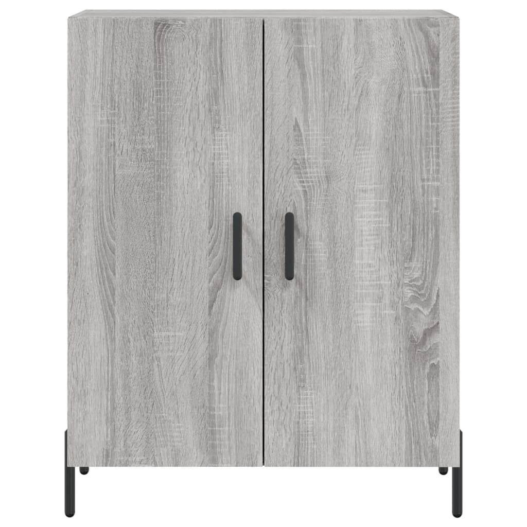 Closed grey sideboard with two doors and black handles, on thin black legs