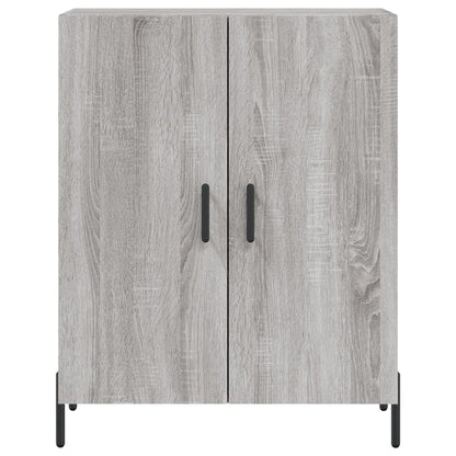 Closed grey sideboard with two doors and black handles, on thin black legs