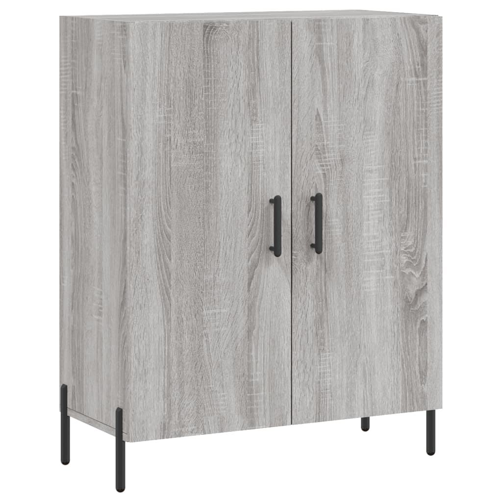 Grey Sonoma sideboard with two doors and black handles, standing on thin black legs