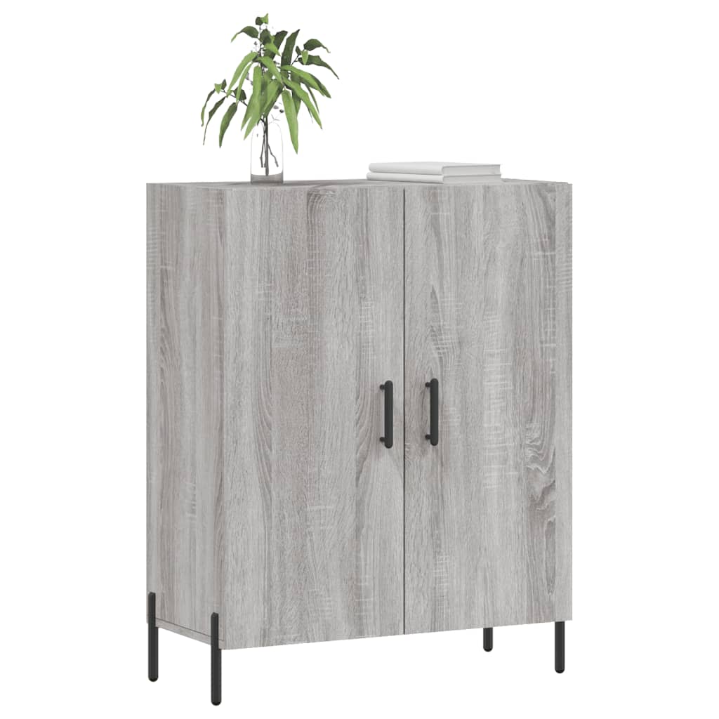 Grey Sonoma sideboard with two doors and black handles, topped with a plant and books