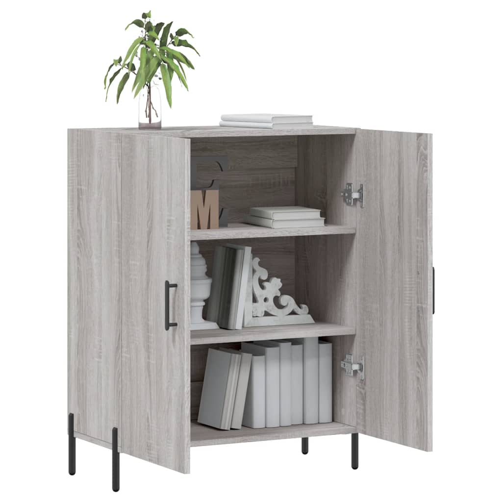 The open grey sideboard showing two shelves with books and decorative items