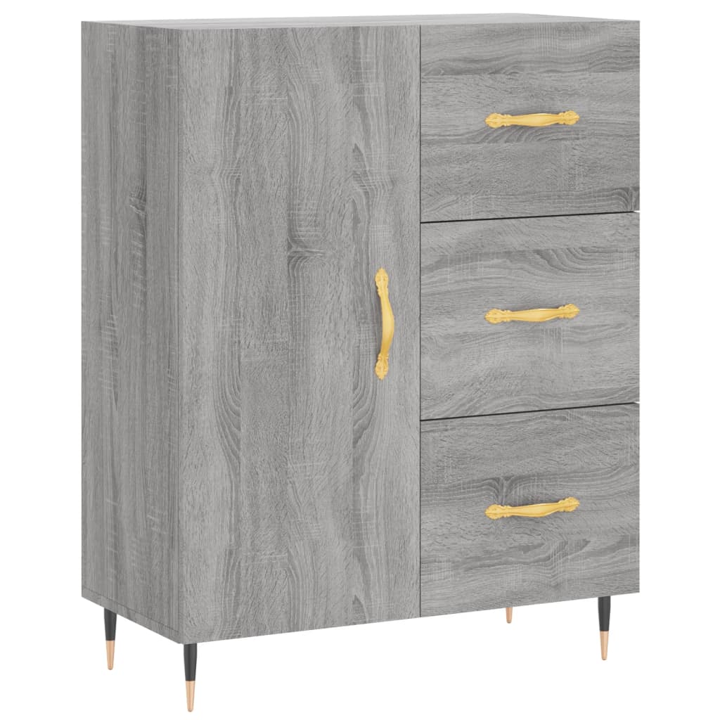 Grey sideboard with three drawers and a cupboard door, gold handles