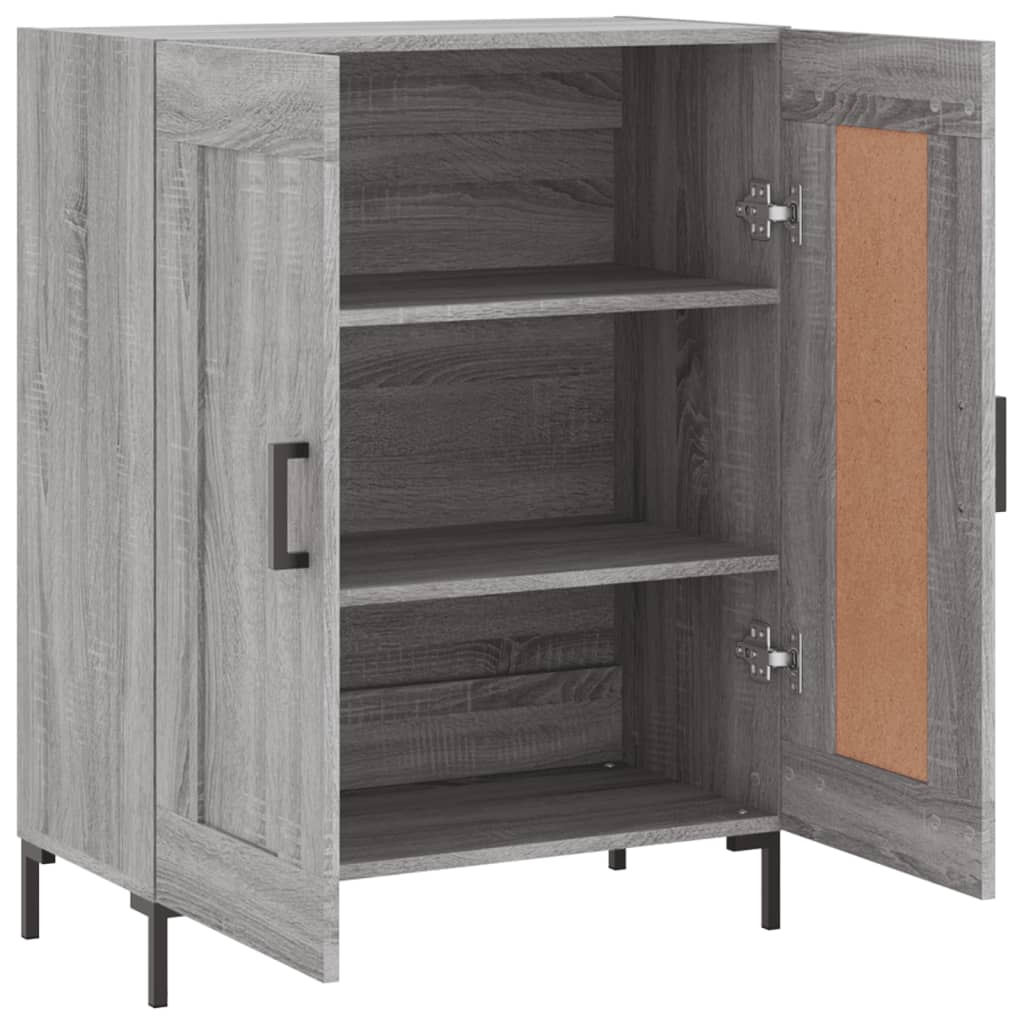 The empty sideboard with doors open revealing the interior shelves and metal hinges