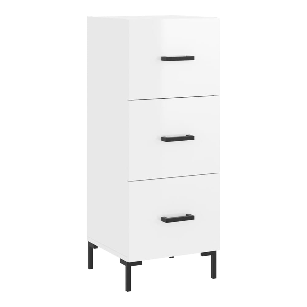 The white sideboard with three drawers and black handles