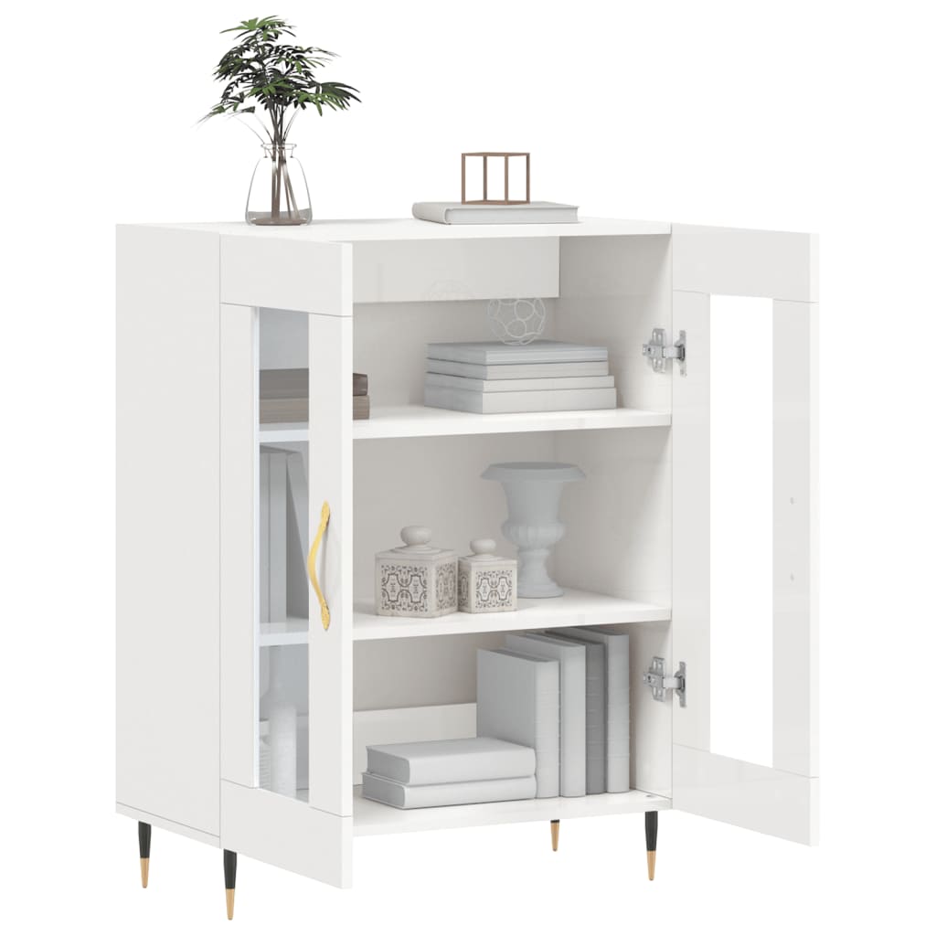 The open white sideboard showing three shelves and stored books