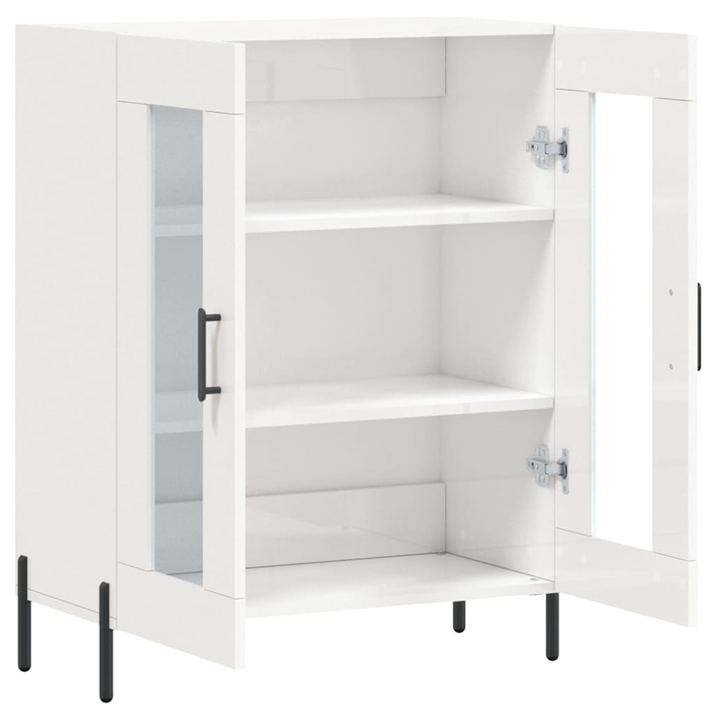 The white sideboard with its doors open, revealing two shelves inside