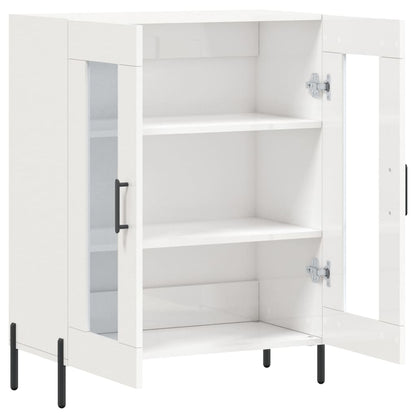The white sideboard with its doors open, revealing two shelves inside
