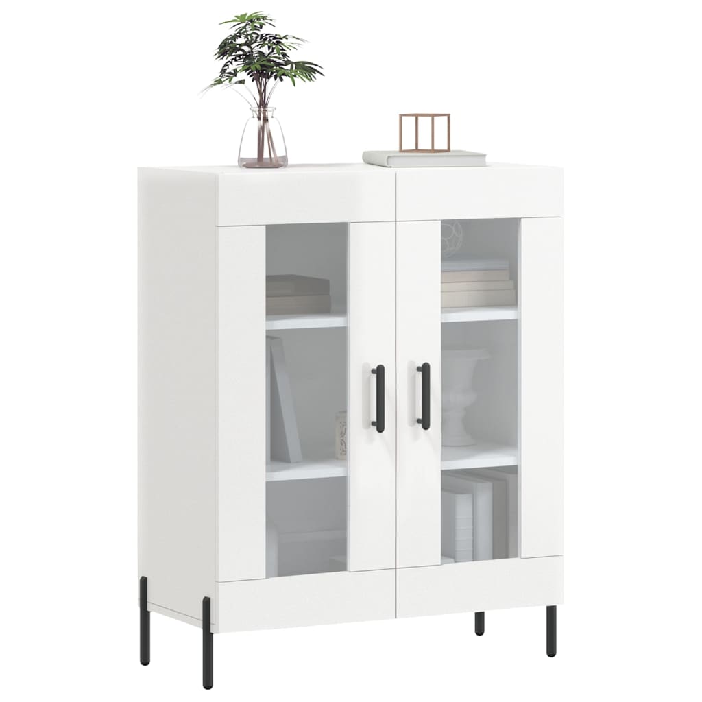 white sideboard with glass doors and black handles