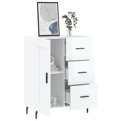 The white sideboard with the door and all three drawers open to reveal internal storage