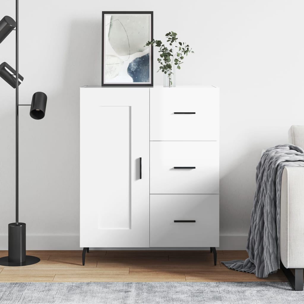 vidaXL Sideboard High Gloss White Engineered Wood placed in a bright living room next to a sofa