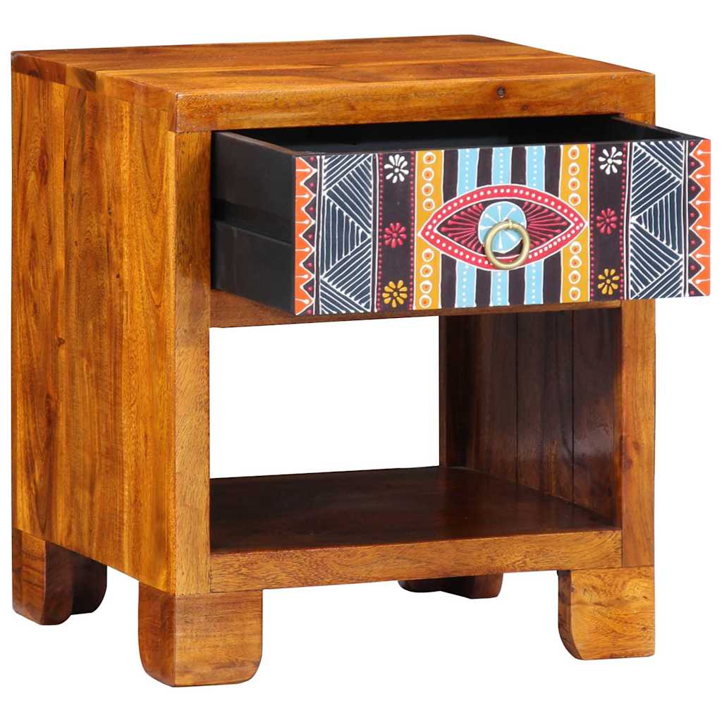 The wooden sideboard with the patterned drawer pulled out to show the interior