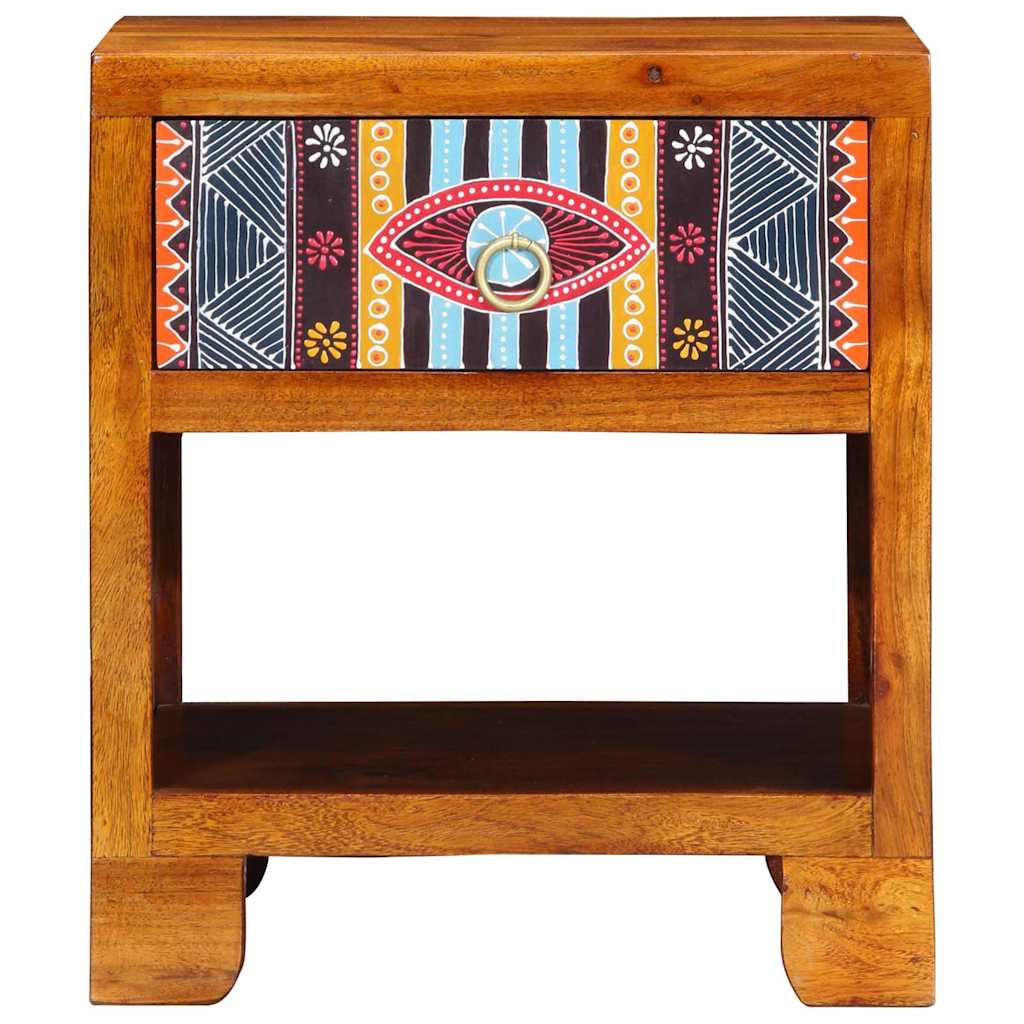The wooden sideboard seen directly from the front with a colourful drawer design