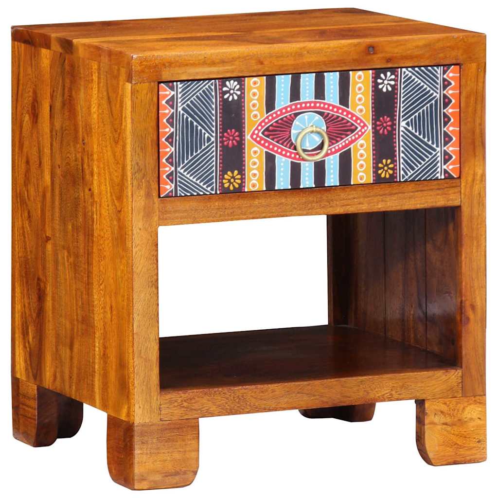 The wooden sideboard featuring a patterned drawer and an open storage shelf below