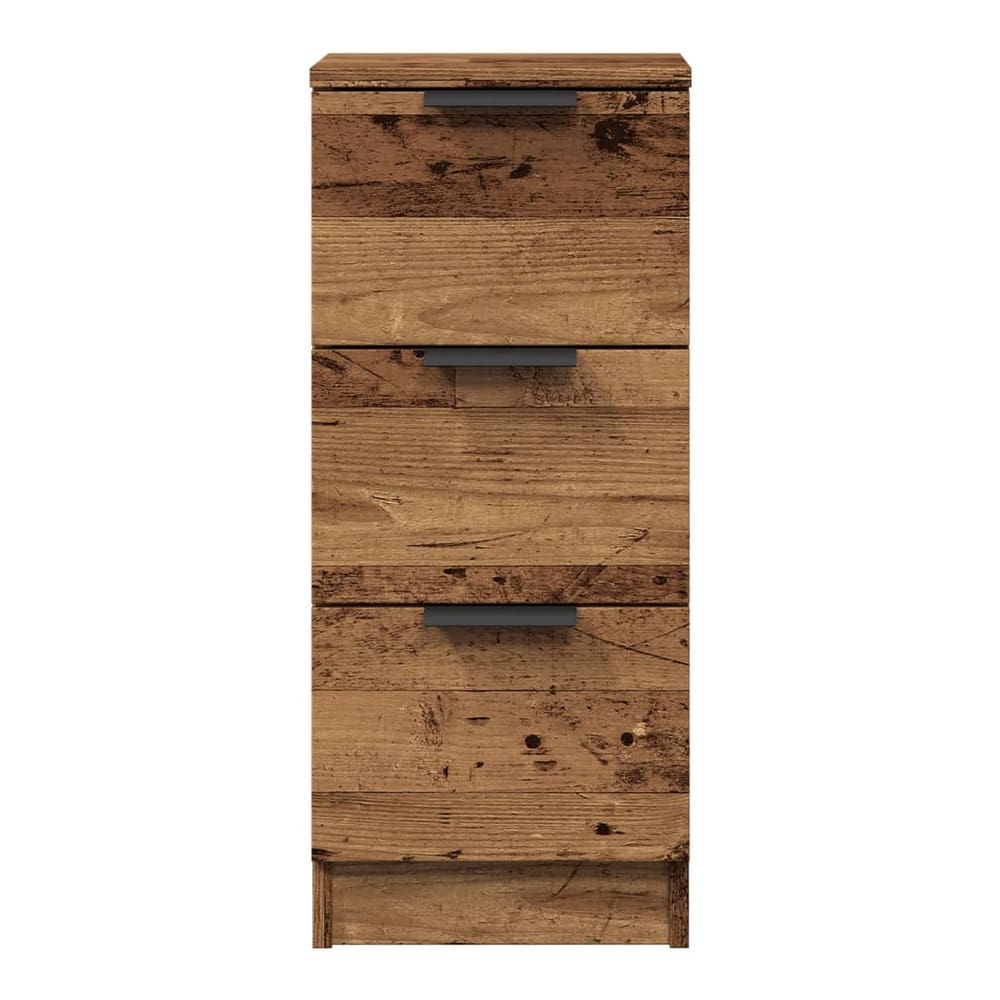 Front view of the three drawer sideboard with a distressed wood effect