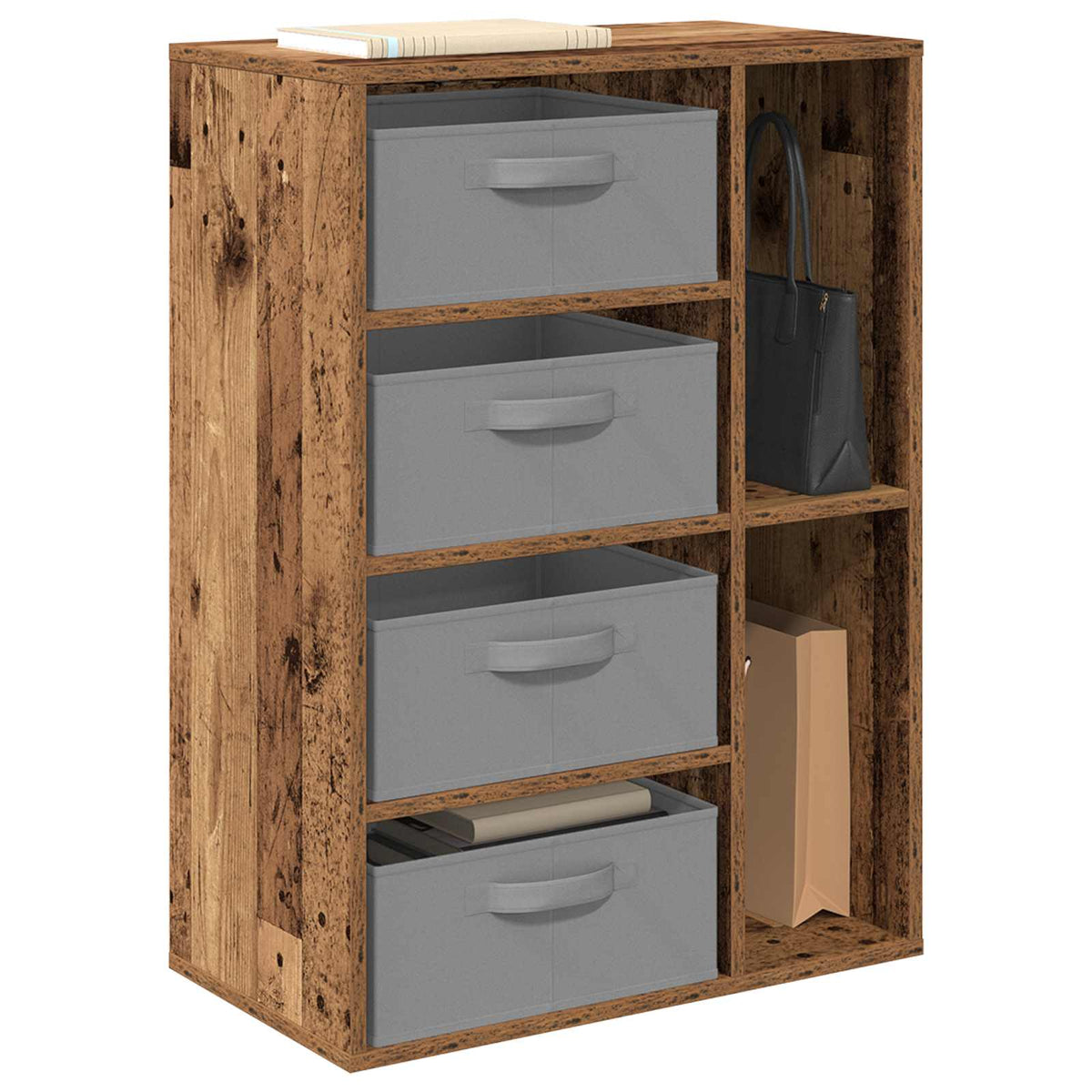 the wooden sideboard with four grey fabric storage boxes and two open shelves