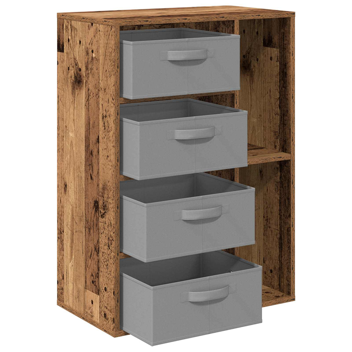 the wooden sideboard with the bottom grey fabric storage box pulled out slightly