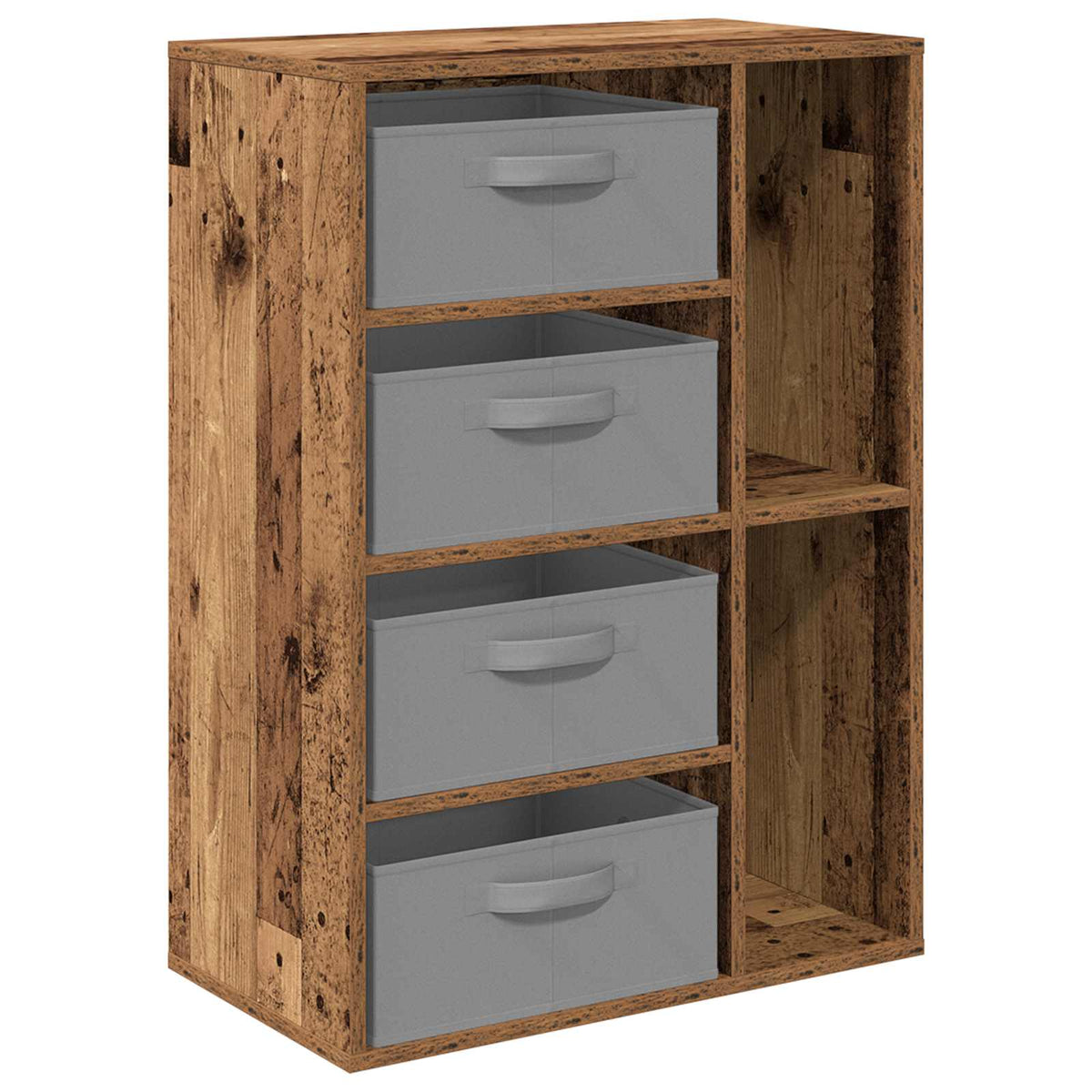 the wooden sideboard featuring four grey fabric storage boxes in the left compartments