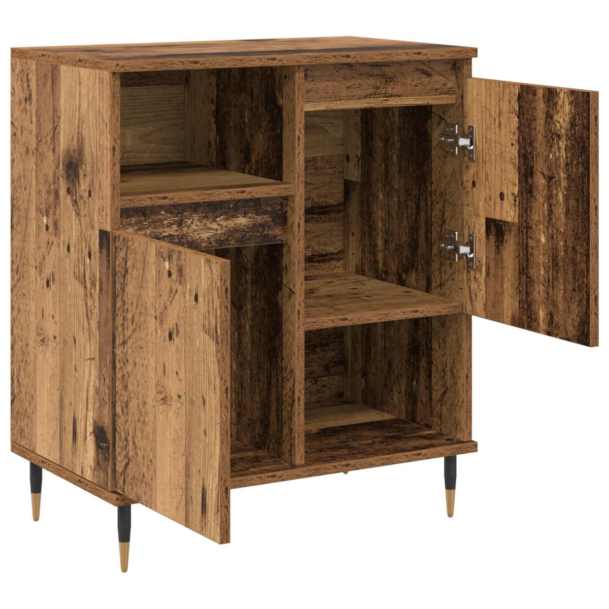The wooden sideboard with both cabinet doors open revealing the internal storage space