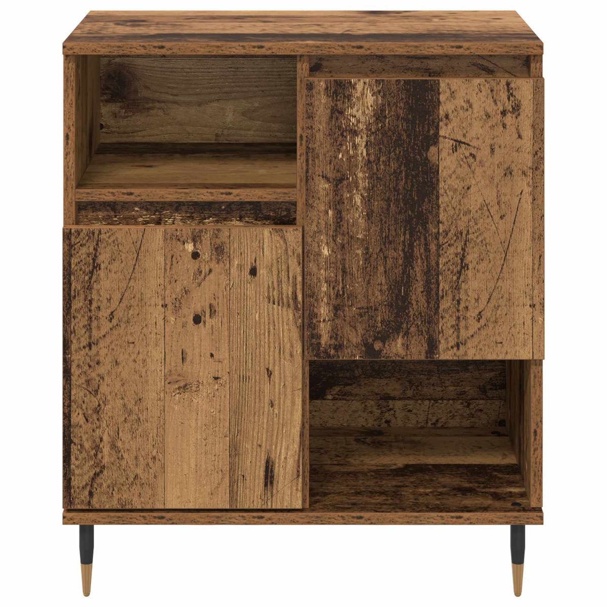 The wooden sideboard viewed directly from the front showing the asymmetrical door layout